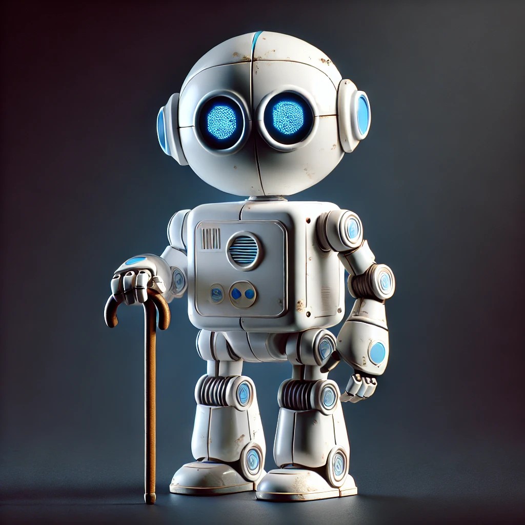 A retired robot with a cane